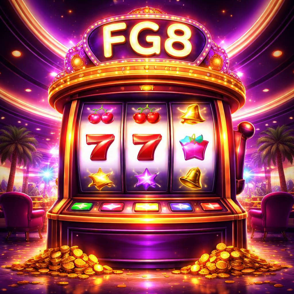 FG8 slots lobby hero visual with glowing reels